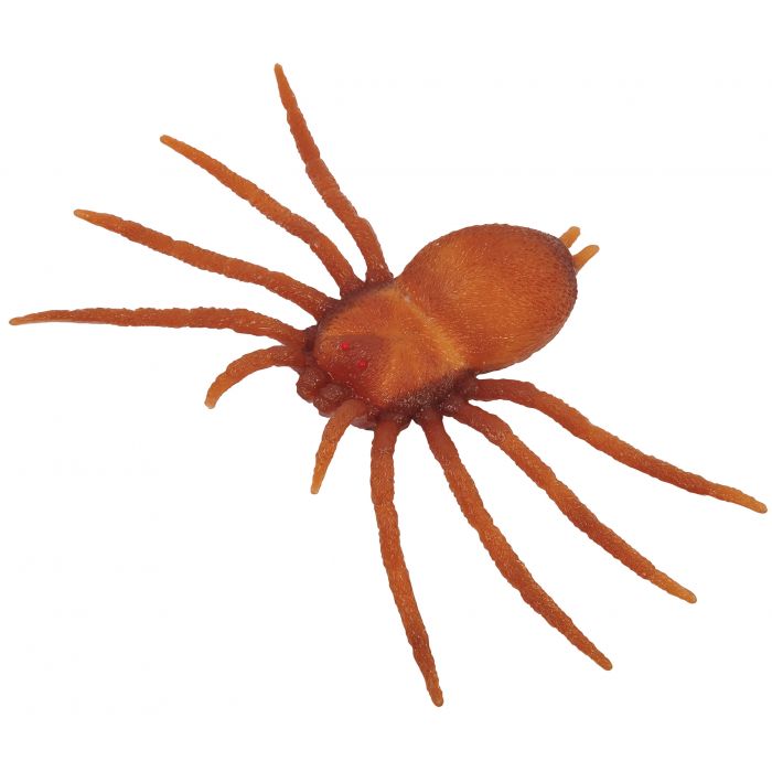 A realistic orange-brown spider toy or costume prop with long legs, isolated on a plain white background.
