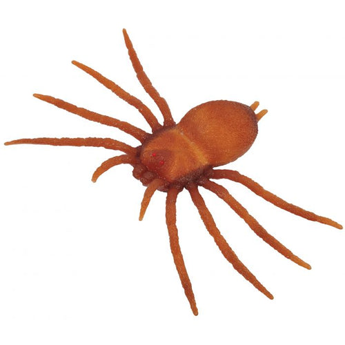 A realistic orange-brown spider toy or costume prop with long legs, isolated on a plain white background.