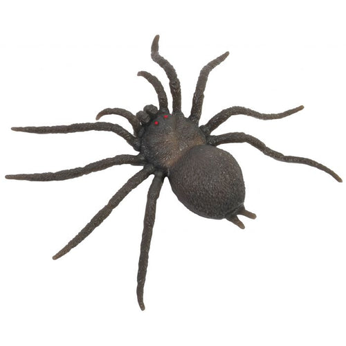 A realistic black spider toy or decoration with eight long legs and small red eyes, isolated on a white background.