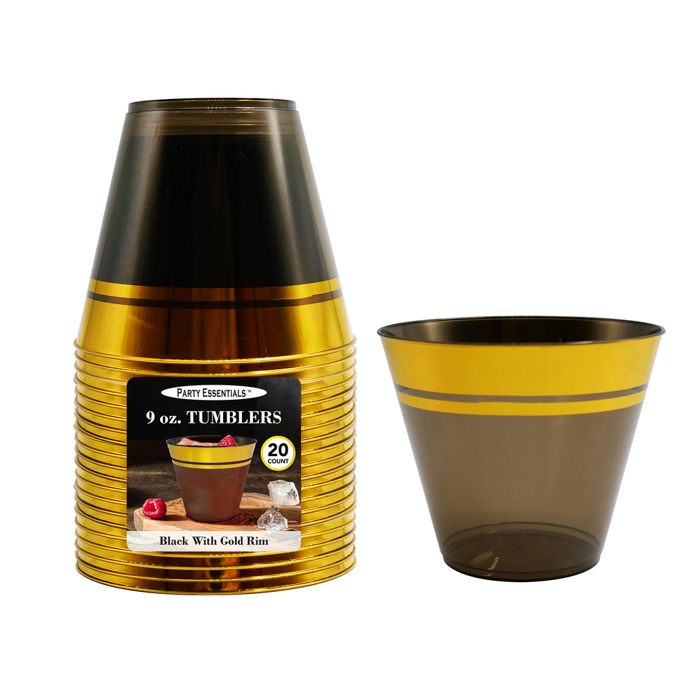 9 oz Tumblers Black w/Gold Rim 20 Ct.