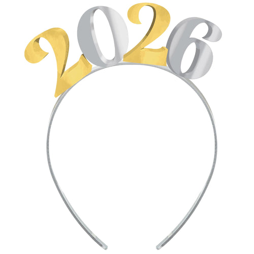 Headband with '2026' in gold and silver on a white background