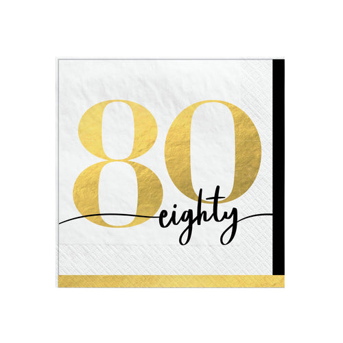 Napkin with gold number '80' and the word 'eighty' on a white background