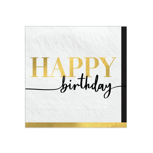 White napkin with gold and black 'Happy Birthday' text on a white background