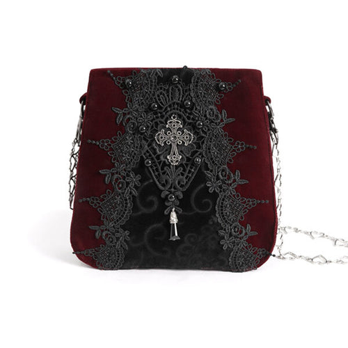 Burgundy Laced Velvet Handbag with Heart Chain