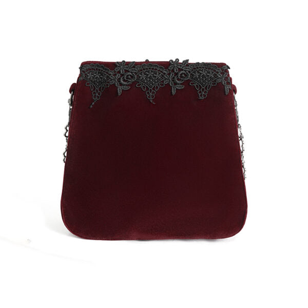 Burgundy Laced Velvet Handbag with Heart Chain