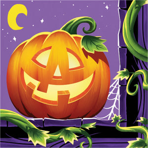 A festive Halloween illustration featuring a large carved orange pumpkin with a smiling jack-o'-lantern face, set against a purple night sky with a crescent moon, stars, cobwebs, and green vines.