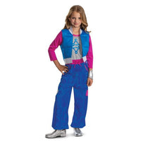 Child wearing a colorful costume with a blue vest and pink sleeves on a white background