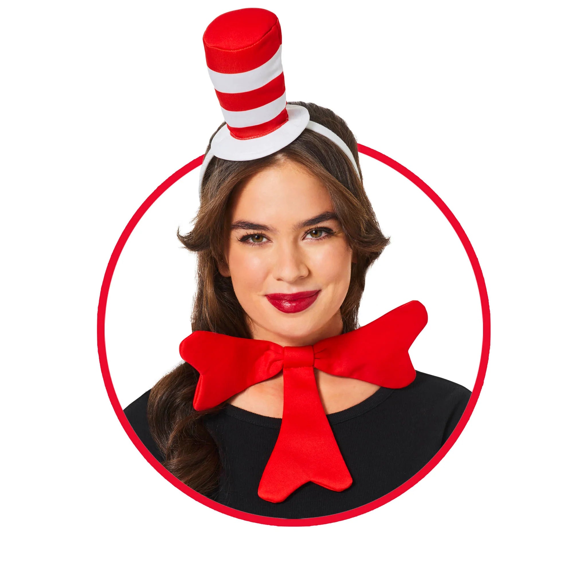 Person wearing a red and white striped hat and red bow tie on a white background