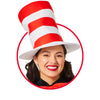 Person wearing a red and white striped hat with a smile on a white background