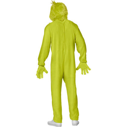 Person wearing a bright green onesie with a hood on a white background