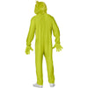 Person wearing a bright green onesie with a hood on a white background