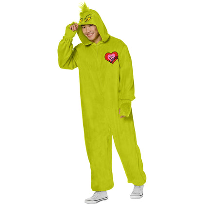 Person wearing a bright green onesie with a heart design on a white background