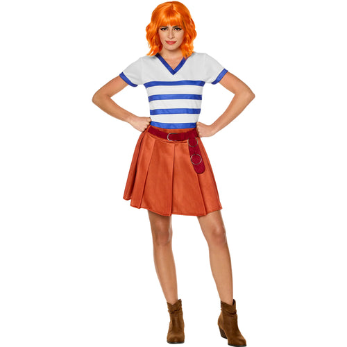 Person wearing a costume with a striped shirt and orange skirt on a white background