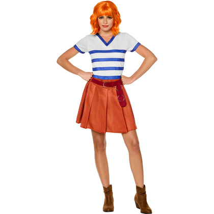 Person wearing a costume with a striped shirt and orange skirt on a white background