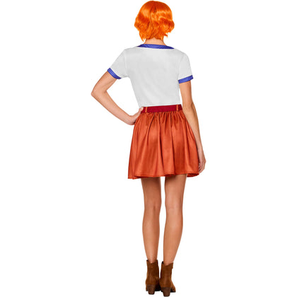 Person wearing a white top with blue trim and an orange skirt on a white background