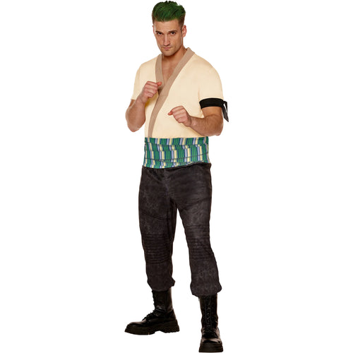 Man wearing a costume with a white top, green shorts, and black pants on a white background