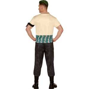 Person wearing a costume with a beige shirt, green hat, and patterned shorts on a white background