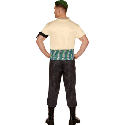 Person wearing a costume with a beige shirt, green hat, and patterned shorts on a white background