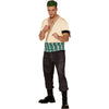 Man wearing a costume with a white top, green shorts, and black pants on a white background
