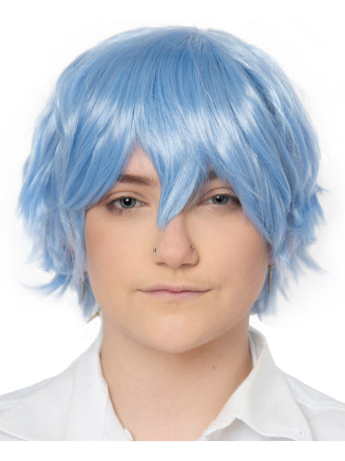 Person wearing a light blue wig on a white background