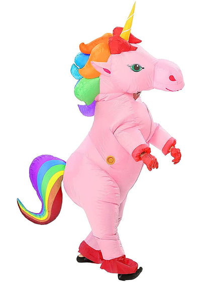 Pink unicorn costume with rainbow mane and tail on a white background