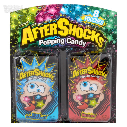 Packaging of AfterShocks popping candy with colorful design and cartoon character.