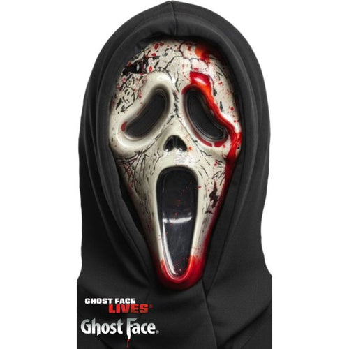 A Ghost Face hooded mask from the movie 'Ghost Face Lives' shown on a black hoodie against a white background, with the Ghost Face logo printed at the bottom.