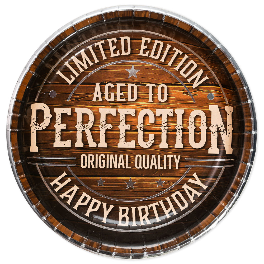 Wooden barrel design with 'Aged to Perfection' text on a white background