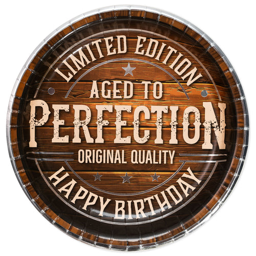 Wooden barrel design with 'Aged to Perfection' text on a white background
