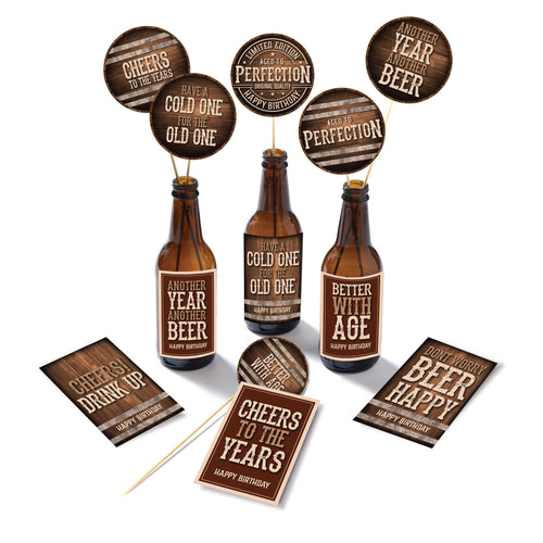 Decorative bottle labels and cards with humorous text on a white background