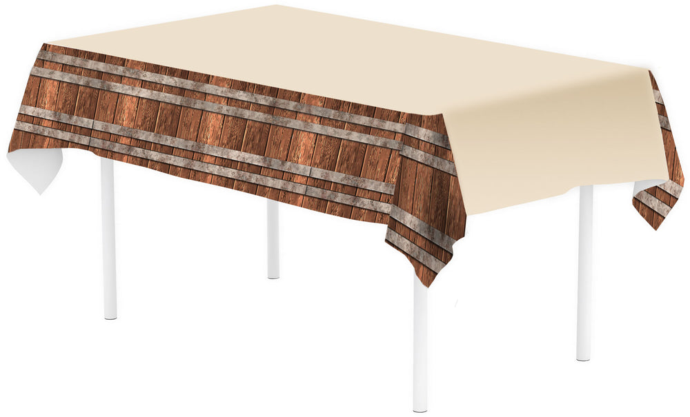 Beige tablecloth with wooden barrel design on a white background