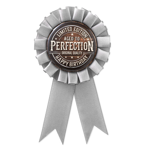 Decorative ribbon with 'Aged to Perfection' text on a white background