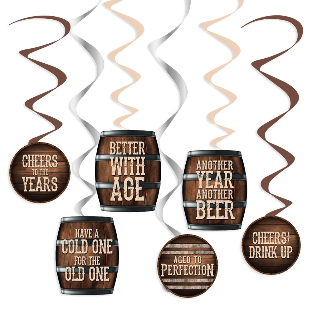 Decorative hanging swirls with beer barrel designs and humorous text on a white background.