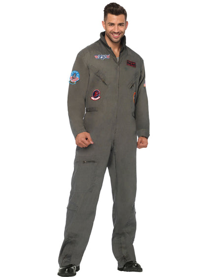 Man wearing a gray flight suit with patches on a white background