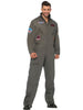 Man wearing a gray flight suit with patches on a white background