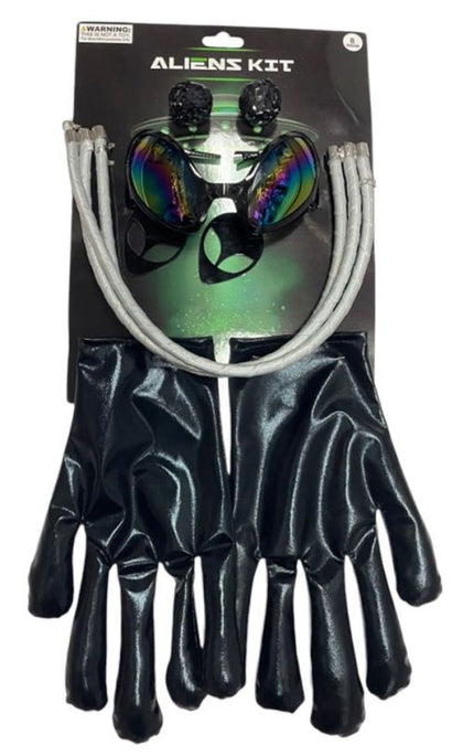 Halloween costume kit with alien mask and gloves on a black background
