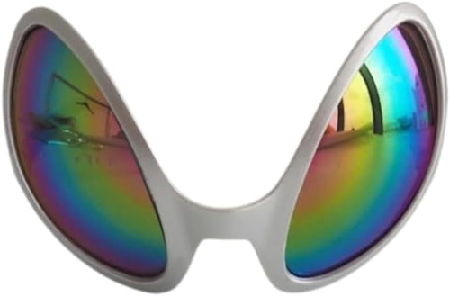 Sunglasses with a white frame and rainbow lenses on a white background