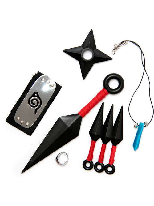 Set of ninja-themed items including a headband, star, and throwing stars on a white background