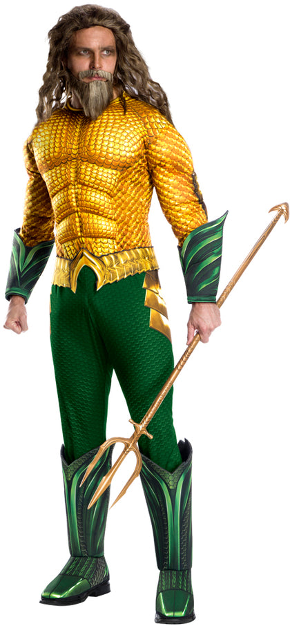 Person wearing a green and gold superhero costume with a spear on a white background