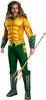 Person wearing a green and gold superhero costume with a spear on a white background