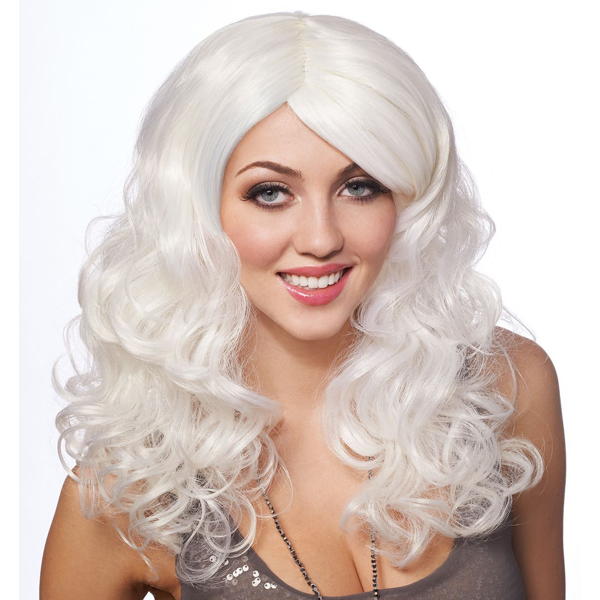 white curly wig with bangs
