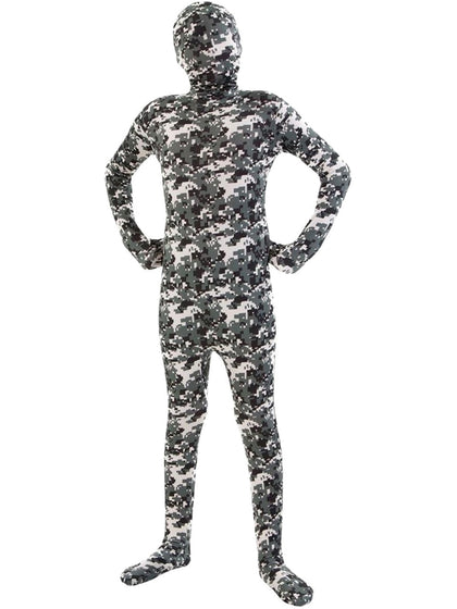 Digital camouflage full-body suit on a white background