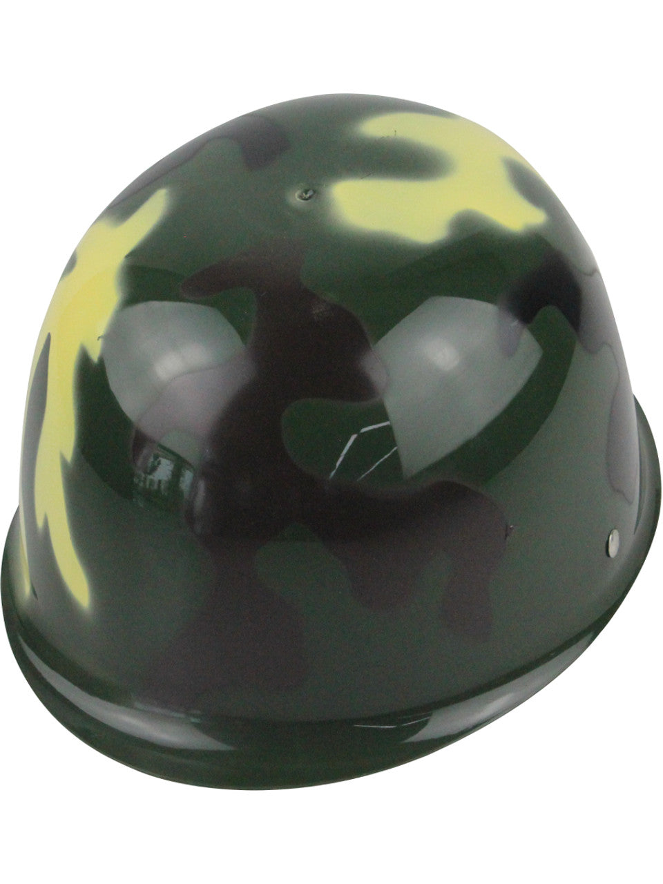 Green camouflage helmet with yellow accents on a white background