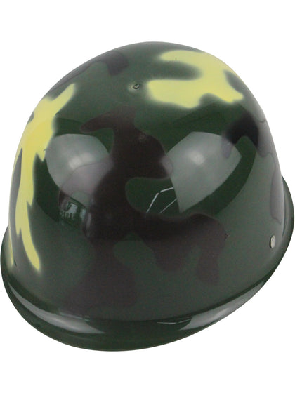 Green camouflage helmet with yellow accents on a white background