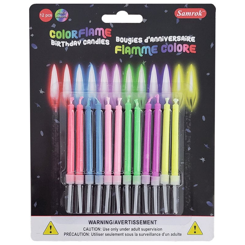 Pack of colorful birthday candles with packaging displaying brand name and product details.