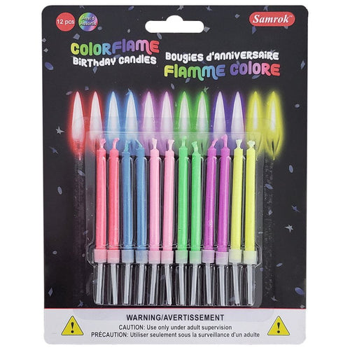 Pack of colorful birthday candles with packaging displaying brand name and product details.