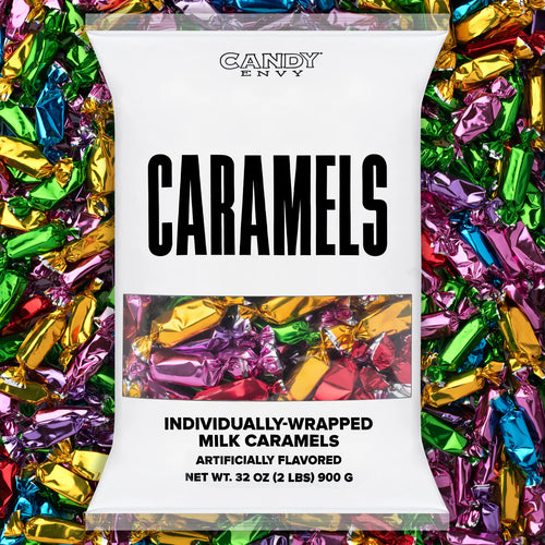 Candy Envy caramels packaging with colorful wrappers in the background
