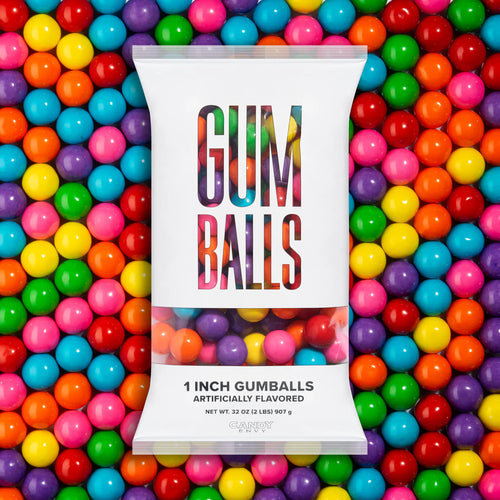 Packaging of 1-inch gumballs surrounded by colorful gumballs