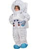 Child in an astronaut costume with a white suit and blue boots on a white background