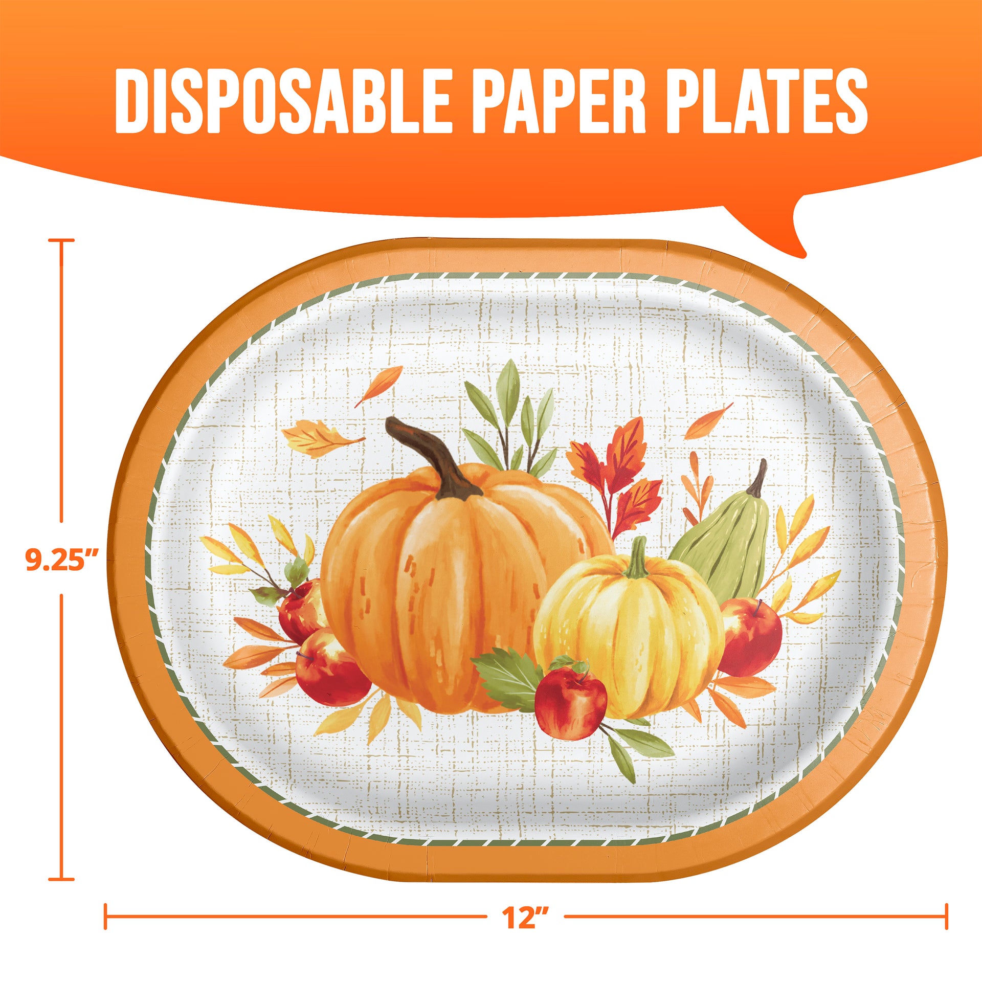 An oval disposable paper plate with a fall harvest design featuring pumpkins, apples, and autumn leaves on a white textured background with a tan rim. The image includes orange dimension lines and text indicating 12 inches by 9.